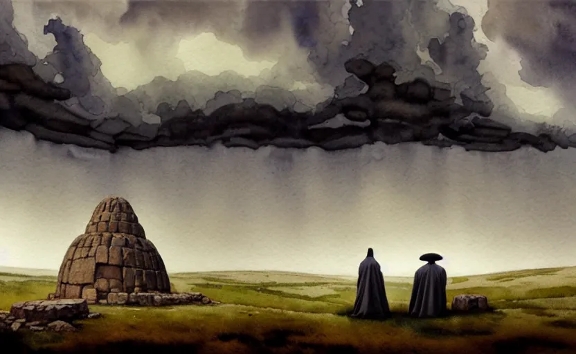 Image similar to a hyperrealist watercolor concept art of a giant ufo in the sky above gobekli tepe during a thunderstorm. a medieval monk in grey robes is in the foreground. very muted colors, by rebecca guay, michael kaluta, charles vess. high detail, hq, wide shot, 4 k