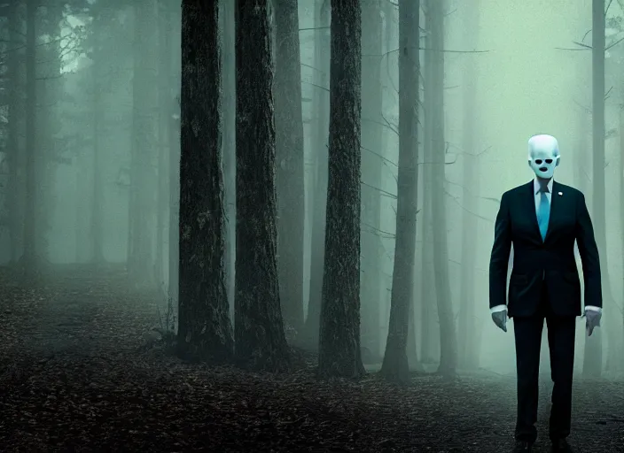 Image similar to joe biden as slenderman in forest, creepy joe biden, tall trees, night, creepy, horror, movie still, dark, haunted, cinematic lighting, ray tracing, octane render, long lens, shallow depth of field, bokeh, anamorphic lens flare, 8 k, hyper detailed, 3 5 mm film grain