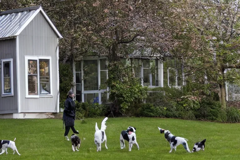 Prompt: the sour, dour, angry, gray - haired lady across the street is walking her three small white and black dogs. she shuffles around, looking down. highly detailed. green house in background. large norway maple tree in foreground. view through windows.