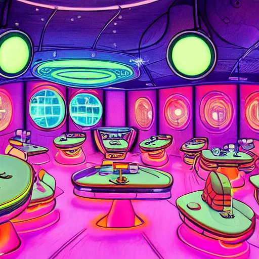 Prompt: a futuristic diner in outer space, glowing neon ambiance, soft pastel neon glow, aliens eating and enjoying a meal at an alien diner in outer space, fantasy illustration, detailed painting, and deep color