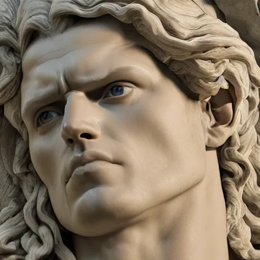 Image similar to henry cavill as as a baroque marble statue, hyper realistic, unreal render engine, studio shot, dynamic light, gallery