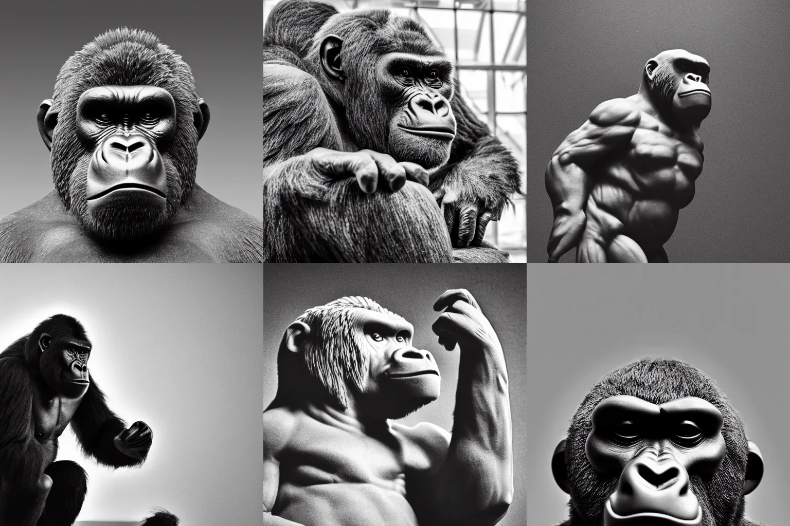 Prompt: angry gorilla in headphones marble statue hard light black and white photo