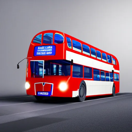 Prompt: illustration of the future of public transport in britain. a london bus made of shiny blocks. futuristic. on a white surface. 3 d rendering. 8 0 mm photography. high quality. shiny sparks.