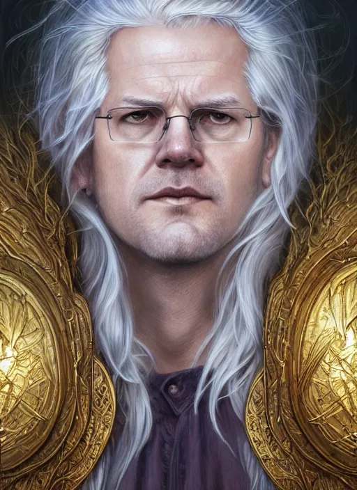 Prompt: Portrait of Prime Minister Scott Morrison, silver shaggy hair, cloak, ethereal wings, fantasy, extremely detailed, digital painting, artstation, concept art, smooth, sharp focus, illustration, stunning lighting, art by artgerm and greg rutkowski and alphonse mucha and simon stalenhag, realistic character concept, high fantasy, light atmosphere, golden ratio, cinematic lighting, hyperdetailed, high resolution, insanely detailed and intricate, artstation, Marc Simonetti, Greg Rutkowski, 8k