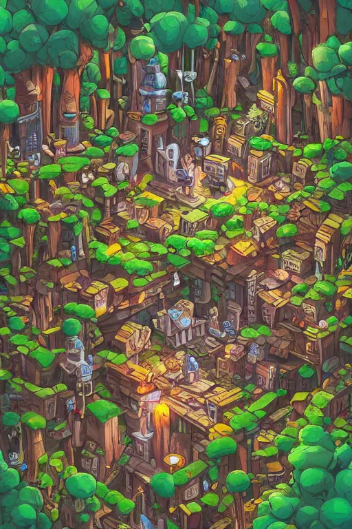 Prompt: a miniature city built into the trunk of a single colossal tree in the forest, with tiny people, in the style of cory loftis, lit windows, close - up, low angle, wide angle, awe - inspiring, highly detailed digital art, isometric