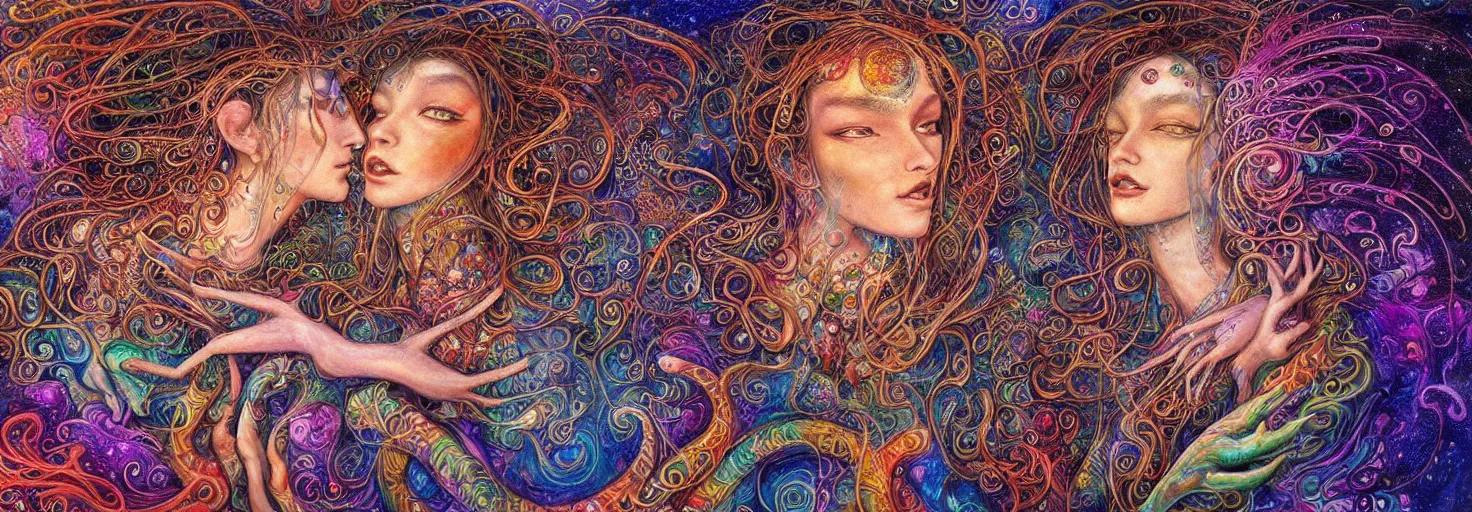 Image similar to two psychedelic shamans intertwined in a cosmic entanglement by Josephine Wall and Daniel Merriam, Artstation