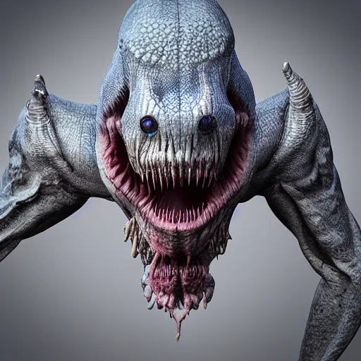 Image similar to “daz3d iray 3d render of a detailed scary monster alien creature, but as a photograph, hyper realistic vfx simulation, natural photorealistic award winning, trending on artstation, octane render, unreal engine, upscale 8K textures, Ultra high definition dynamic range”