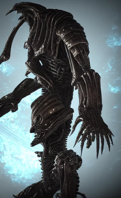 Image similar to futuristic alien with lasers eldenring boss. fromsoftware, dark souls, eldenring, screenshot, extremely detailed, insanely detailed, realistic, zbrush, horror, bloodbourne, full body concept