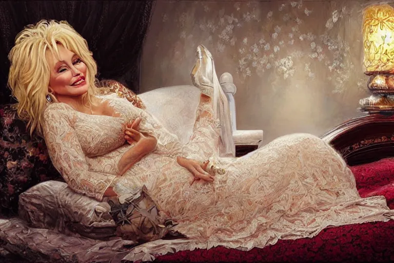 Image similar to portrait of dolly parton wearing a lace dress in bed, an oil painting by ross tran and thomas kincade