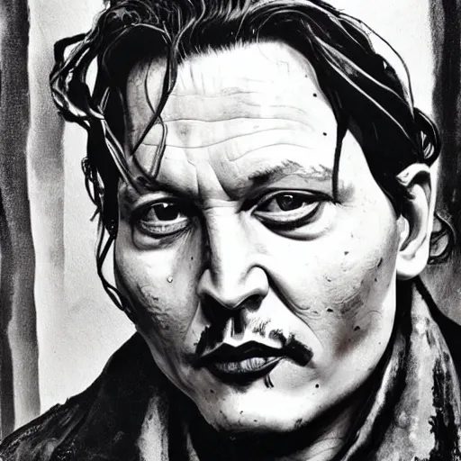 Prompt: lucian freud painting on depressed johnny depp