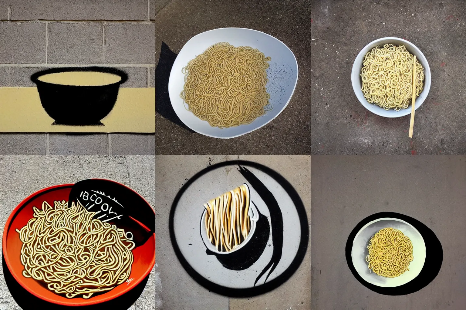 Prompt: stencil spray paint of a bowl of noodles in the style of banksy