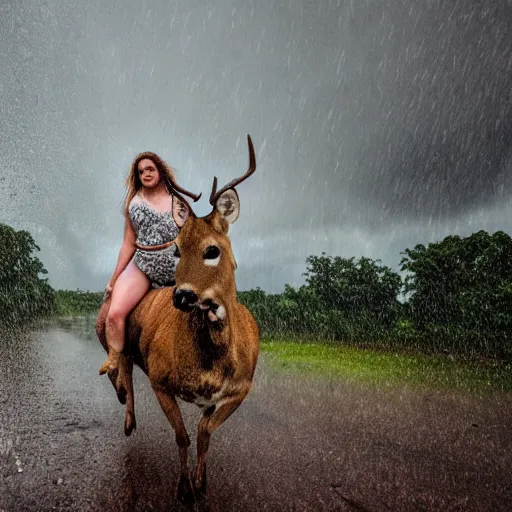 Image similar to 4 k hdr wide angle detailed portrait of a beautiful instagram model woman riding on top of a wild buck deer in a rain shower during a storm with thunder clouds overhead and moody stormy lighting sony a 7