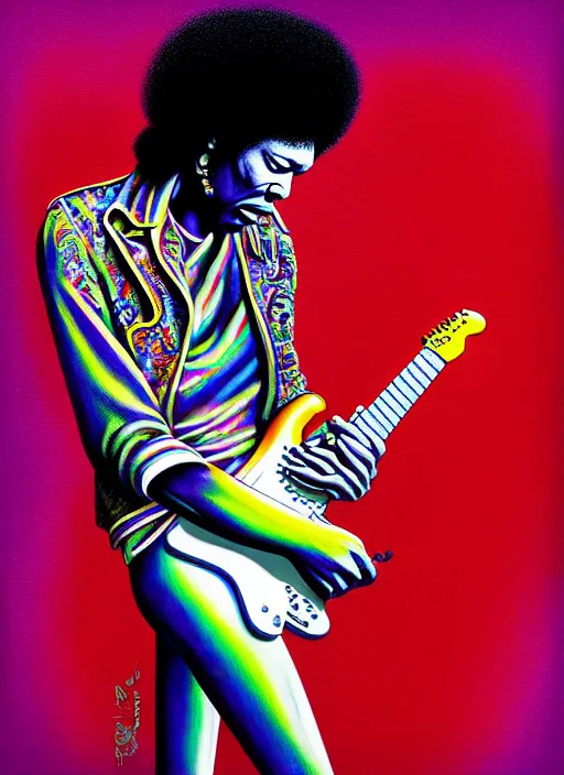 Image similar to hyper detailed 3d render like a Oil painting - Jimi Hendrix aerochrome and milky Fruit playing a white left-handed stratocaster guitar with his teeth, iridescent paisley patterns by Jacek Yerka, Ilya Kuvshinov, Mariusz Lewandowski, Houdini algorithmic generative render, Abstract brush strokes, Masterpiece, Edward Hopper and James Gilleard, Zdzislaw Beksinski, Mark Ryden, Wolfgang Lettl, hints of Yayoi Kasuma, octane render, 8k