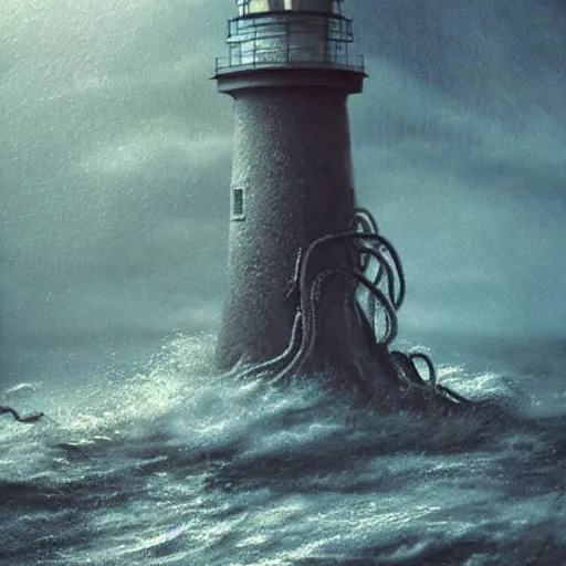 Image similar to ultra realistic illustration, a lighthouse by night being attacked by a kraken, the tentacles are wrapped around the lighthouse and there is water mist everywhere, moody, water, epic, creature, attack, tentacles, building, coast, intricate, elegant, highly detailed, digital painting, artstation, smooth, sharp focus, art by artgerm and greg rutkowski and alphonse mucha