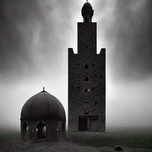 Image similar to a big mosque in a Village, horror, fog, foster, highly detailed, one house, fear, dark inside, dark mammatus cloud,hyper realistic, atmospheric lighting, beksinski