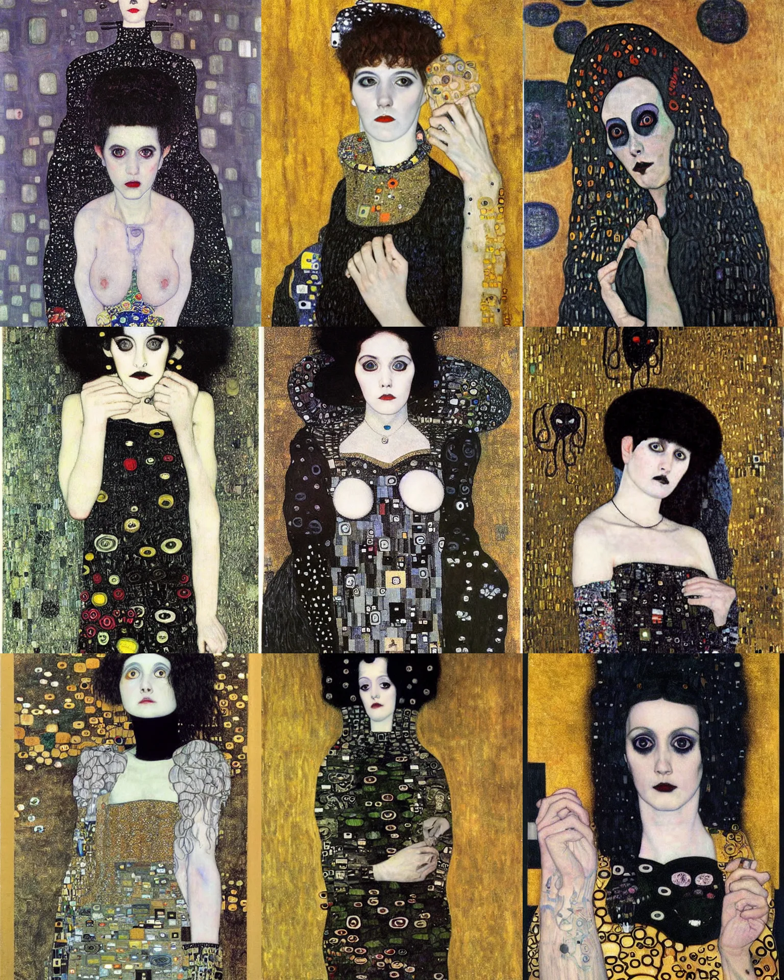 Prompt: A goth portrait by Gustav Klimt. She has large evil eyes with entirely-black sclerae!!!!!! Her hair is dark brown and cut into a short, messy pixie cut. She has a slightly rounded face, with a pointed chin, and a small nose. She is wearing a black leather jacket, a black knee-length skirt, a black choker, and black leather boots.