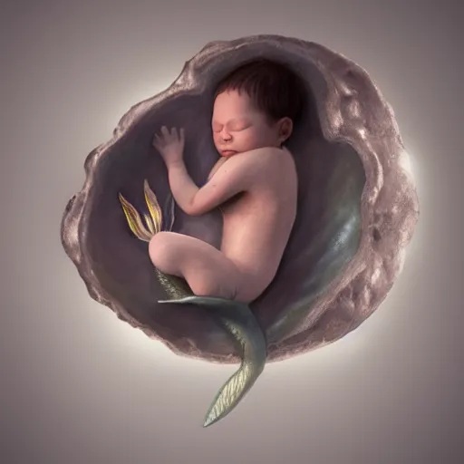 Prompt: a baby mermaid sleeping in an cracked egg, ultrarealistic, dramatic lighting, high details, 4 k, 8 k, best, accurate, trending on artstation, artstation, photorealism, ultrarealistic, digital painting, fantasy art