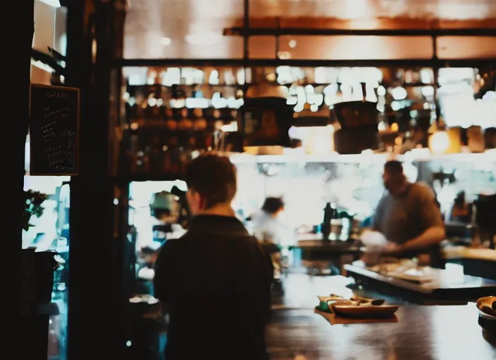 Image similar to a 3 5 mm photo of a person behind the counter of a cafe in the morning, bokeh, canon 5 0 mm, cinematic lighting, film, photography, golden hour, depth of field, award - winning