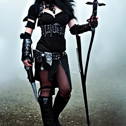 Prompt: photo of a female goth warrior with weapons