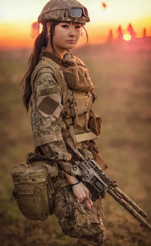 Prompt: highly detailed, high resolution, war footage, stunning, real world, real sunset, in the middle of the battlefield, girls frontline style, bokeh soft, 100mm, trending on instagram, by professional photographer, featuring picciolina airsoftgirl, realistic human anatomy, realistic military carrier, soldier clothing, modern warfare, realistic handgun