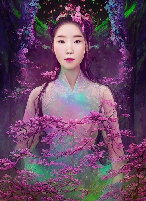 Prompt: portrait of IU Lee Ji-Eun as a Celestial Goddess of a futuristic pearlescent holographic, inside future fighter, sci-fi, fantasy, intricate, lush garden spaceship with sakura season flowers in Kyoto Japan, elegant, human anatomy, royal green and nature light, highly detailed, digital painting, artstation, concept art, smooth, sharp focus, illustration, art by tian zi and WLOP and alphonse mucha, masterpiece, 3d blender