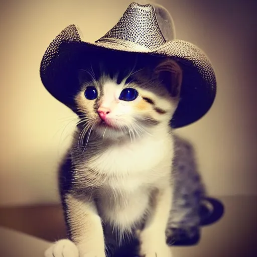 Prompt: a baby kitten wearing a cowboy hat that is missing his baby kitten boyfriend