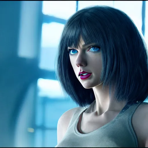 Image similar to cinematic still of taylor swift as alita in alita : battle angel ( 2 0 1 9 ), xf iq 4, f / 1. 4, iso 2 0 0, 1 / 1 6 0 s, 8 k, raw, dramatic lighting, symmetrical balance, in - frame