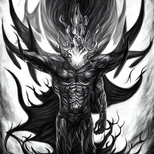 Image similar to full body grayscale drawing by Anato Finnstark of horned demon in heroic pose, swirling flames