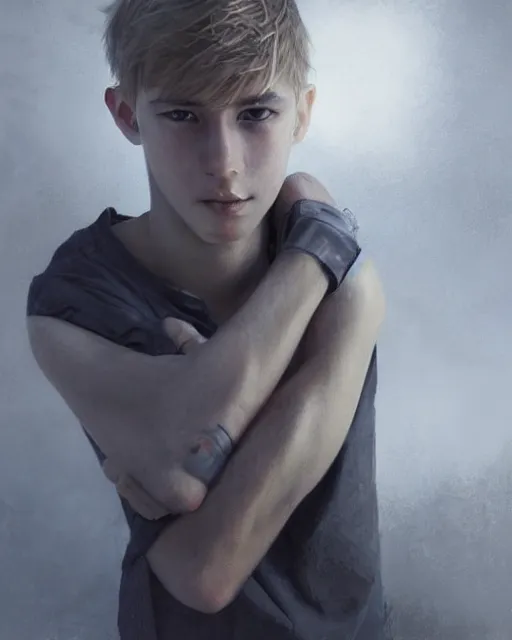 Prompt: portrait of 1 5 - year - old boy, with slender, white - blond hair, cold grey eyes, a pale complexion with sharp and pointed features, hyper realistic face, beautiful eyes, fantasy art, in the style of greg rutkowski, intricate, hyper detailed, smooth