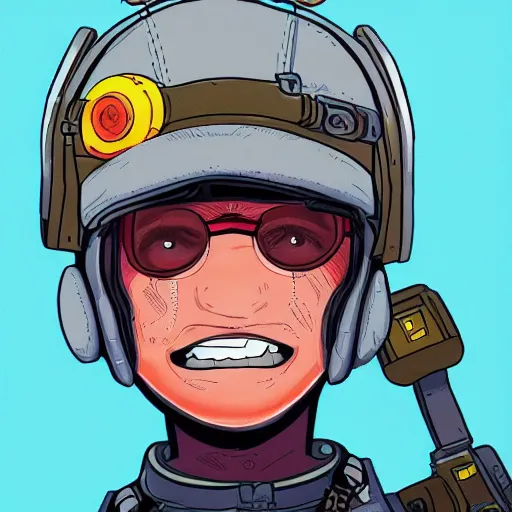 Image similar to in the style of max prentis and deathburger and laurie greasley close up of a smiling young explorer wearing a cyberpunk headpiece, highly detailed, intricate details, adventure time colour palette, 8k wallpaper