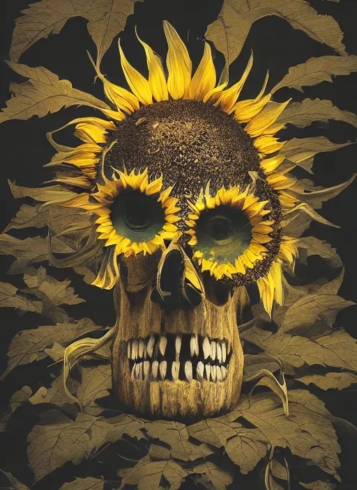 Prompt: sunflower skull head, spooky halloween theme, creepy, cinematic, dramatic, super detailed and intricate, 4 k render, by koson ohara, by darwyn cooke, by satoshi kon