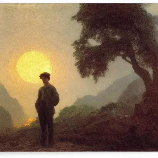 Image similar to a young man in guilin, by caspar david friedrich, by henry ossawa tanner, mist, sunrise