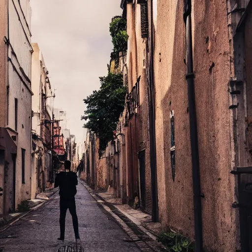 Image similar to photo extreme long shot of floating clothes in a back street, cinematic, depth of field, bokeh, atmospheric, 8k, trending on artstation