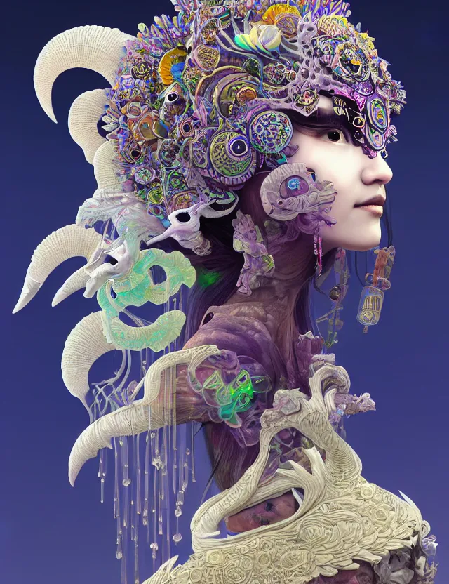 Image similar to 3 d goddess close - up profile solarpunk portrait ram skull. beautiful intricately detailed japanese crow kitsune mask and clasical japanese kimono. betta fish, jellyfish phoenix, bio luminescent, plasma, ice, water, wind, creature, artwork by tooth wu and wlop and beeple and greg rutkowski