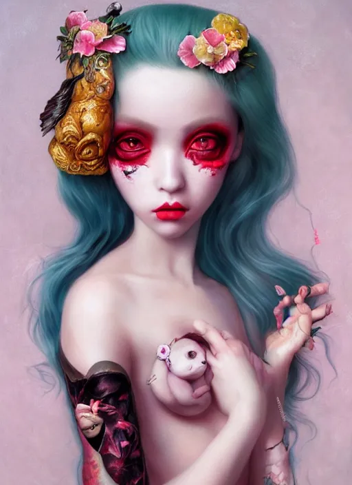 Prompt: pop surrealism, lowbrow art, realistic cute seductive girl painting, japanese street fashion, hyper realism, muted colours, rococo, natalie shau, loreta lux, tom bagshaw, mark ryden, trevor brown style,