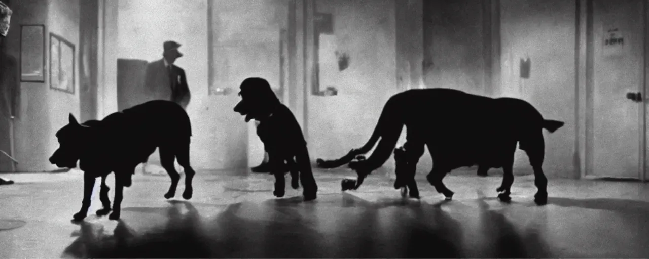 Image similar to A still frame from a noir movie in black and white featuring an old big black dog who is a private investigator, cinematic composition, dramatic lighting