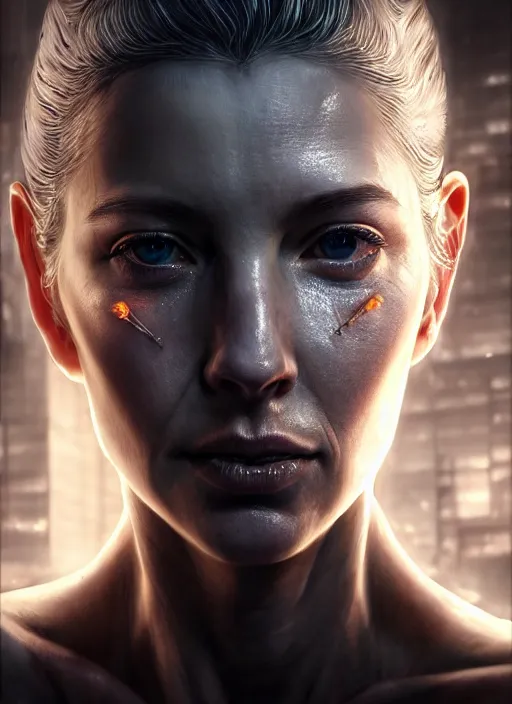 Image similar to 3 / 4 portrait, queen, crown, translucent skin, muscle, bones, veins, nerves, hyperrealism, detailed, photorealistic, cyberpunk apocalyptic city, futuristic, ultra realistic, cinematic, intricate, cinematic light, unreal engine 8 k, octane render, unreal engine by charlie bowater, david kostic, stanley lau, artgerm