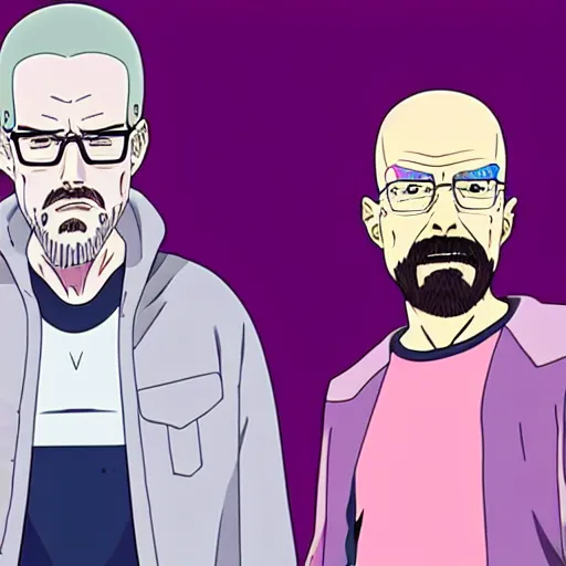 Image similar to jesse pink man and walter white in an anime, 4 k, anime style