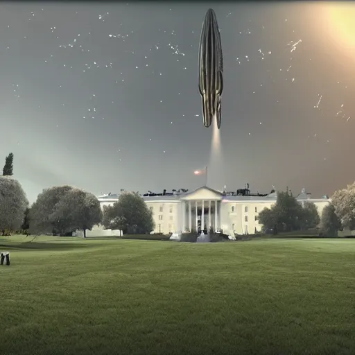 Image similar to live on cnn ufo lands on whitehouse lawn, hyper detailed, dramatic lighting, cgsociety, realistic, hyper detailed, insane details, intricate, dramatic lighting, hypermaximalist, golden ratio, rule of thirds, octane render, weta digital, micro details, ultra wide angle, artstation trending, 8 k,