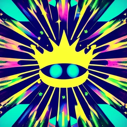 Prompt: a glowing colorful minimal elegant crown sitting on a table with one large beautiful eye on top of it like a jewel, stars on top of the crown, night time, vast cosmos, geometric light rays exploding outwards into stars, bold black lines, flat colors, minimal psychedelic 1 9 5 0 s poster illustration