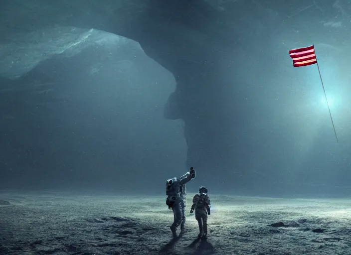 Image similar to astronaut holding a flag in an underwater desert. a submarine is visible in the distance. dark, concept art, cinematic, dramatic, atmospheric, 8 k, trending on artstation, blue, fish, low visibility, fog, ocean floor, christopher nolan, interstellar