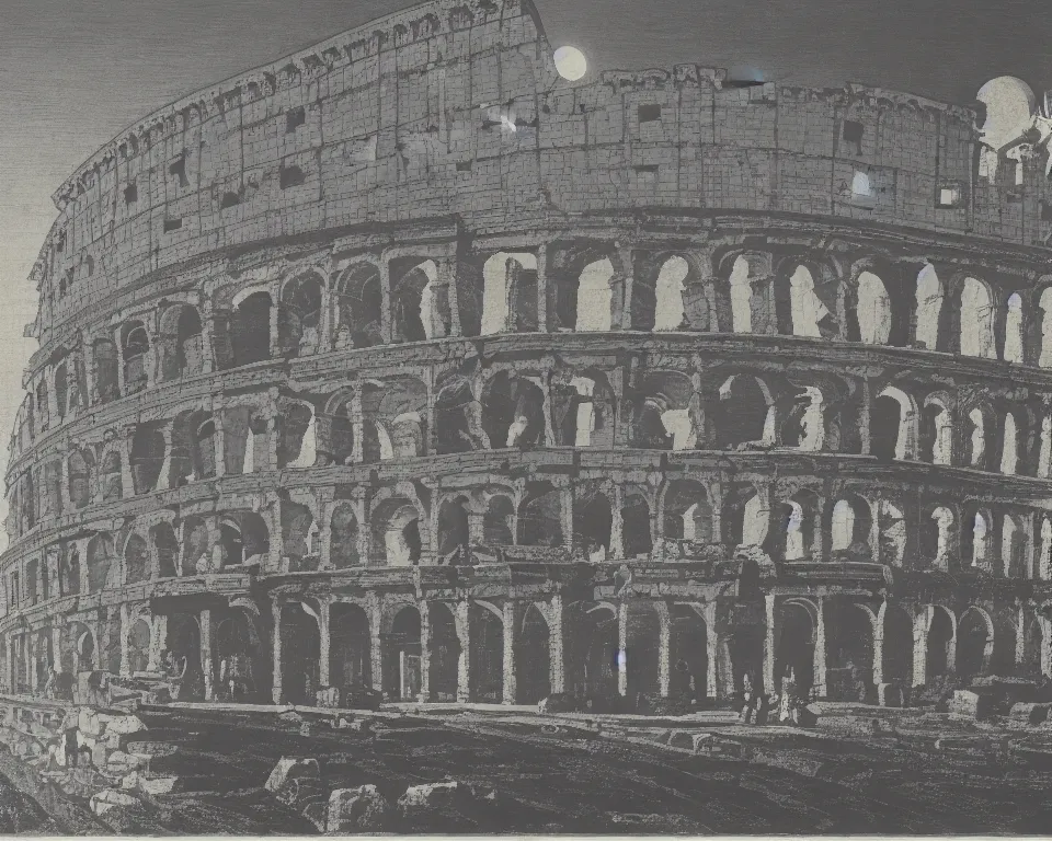 Prompt: beautiful print of the Colosseum bathed in moonlight by Hasui Kawase and Lyonel Feininger.