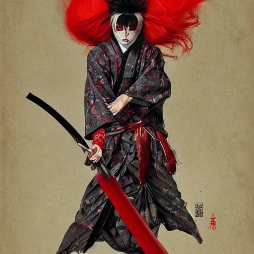 Prompt: an epic portrait of insane kabuki male wielding a spear covered in a distorting aura, intricate hakama, poofy red wig, eerie, highly detailed, dark fantasy, art by artgerm and greg rutkowski