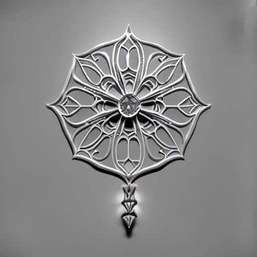 Prompt: filigree nordic jewelry isolated on white background and a flower in the background, refraction, occlusion, lower and upper levels, keyshot render, octane render, vray render