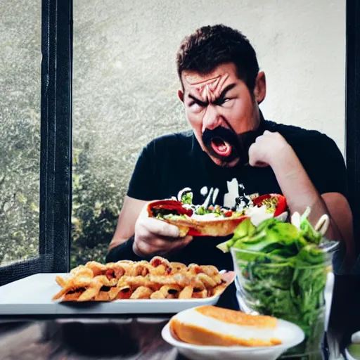 Image similar to A man looking in disgust at his lunch