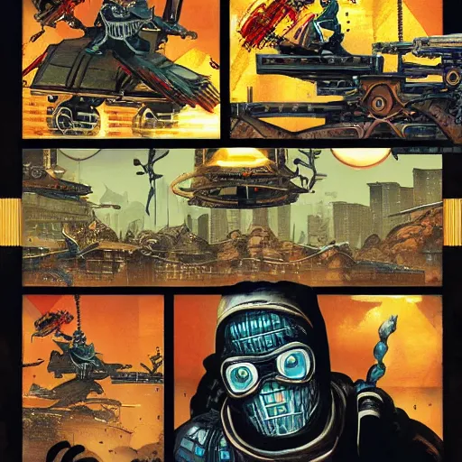 Image similar to combat ninja cyborgs combat in cybercity, golden hour, art by petros afshar and carl barks and hieronymus bosch and santiago caruso, highly detailed