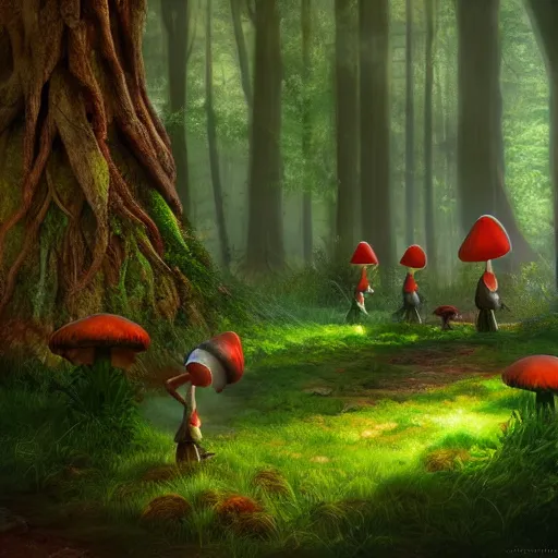 Prompt: tall mysterious woods, realistic gnomes go by their own business, light shining through, mushrooms on the ground, warm lighting, concept art, award winning concept art, Thomas Cole, 4k, 8k,