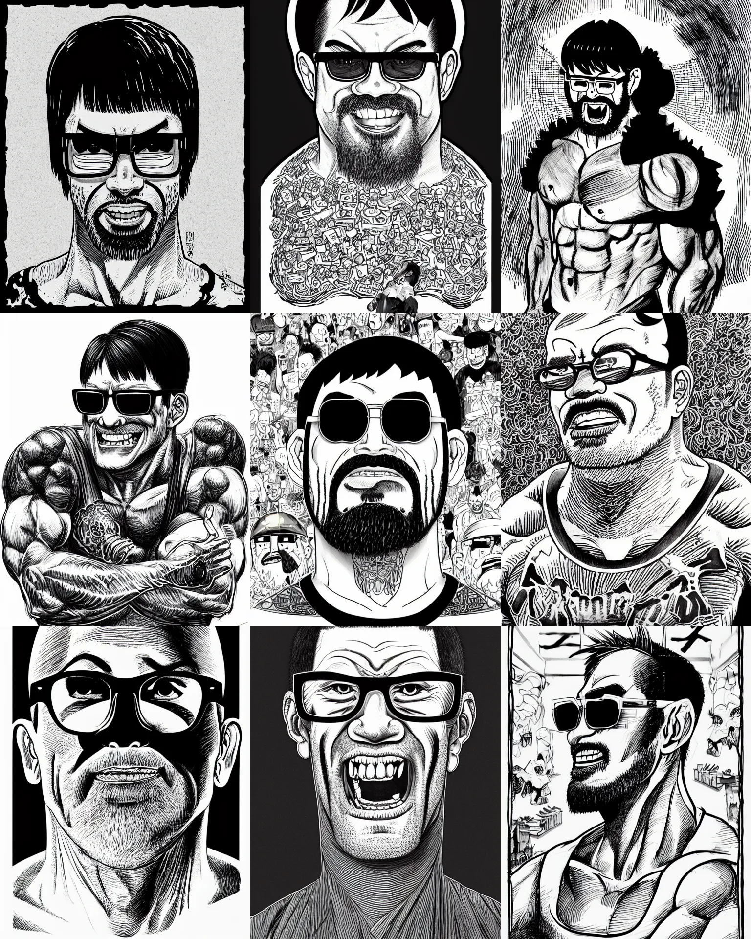 Prompt: highly detailed ink illustration of a buff smiling man with long stubble, muscular neck, rectangular square shaped glasses and a black bowl cut, wearing a black tshirt, b & w clean shaped illustration by kim jung gi, ric estrada, ron english and eiichiro oda