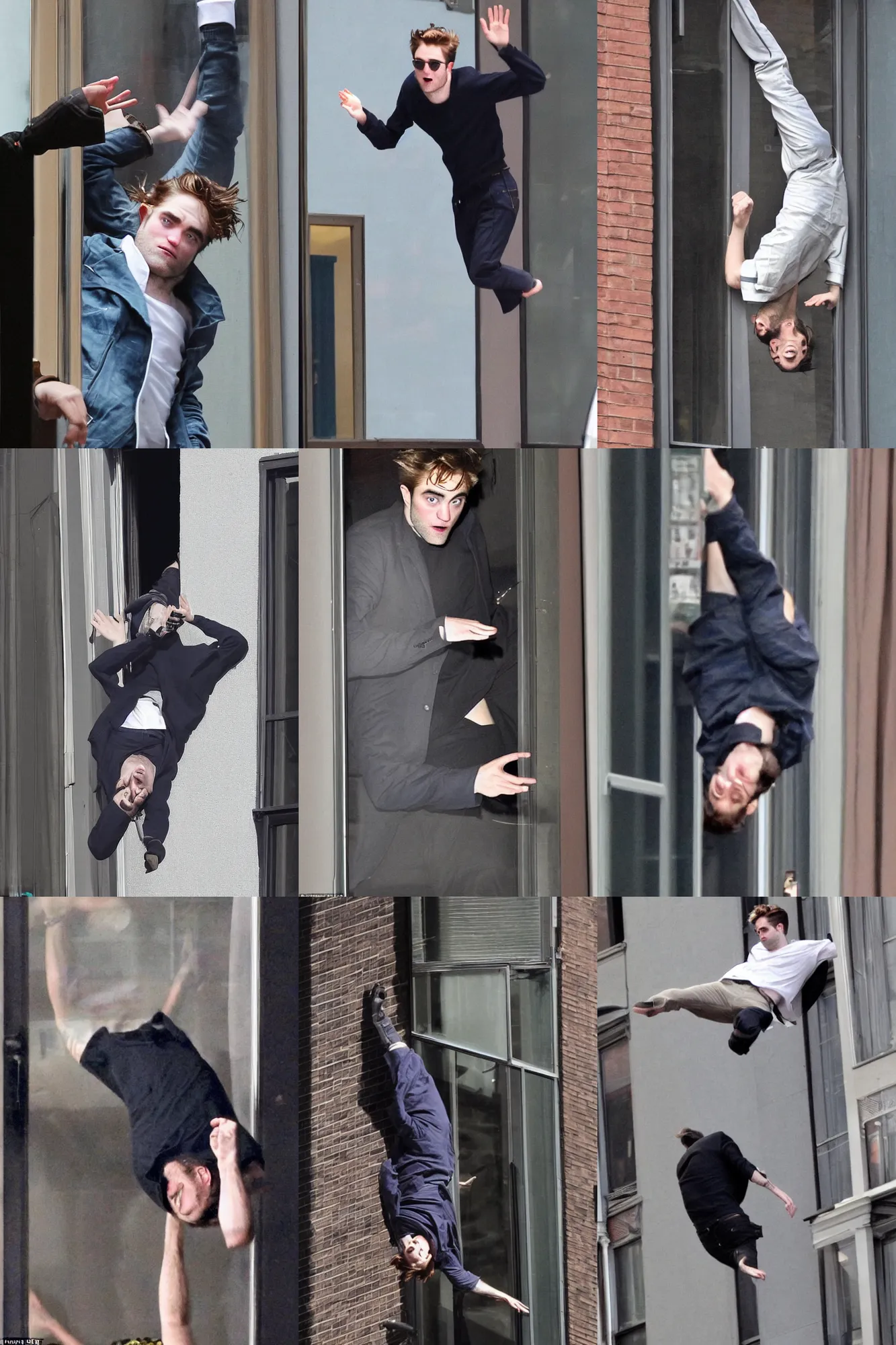 Prompt: robert pattinson's unconscious body flying through apartment window in new york city, photographed mid - air