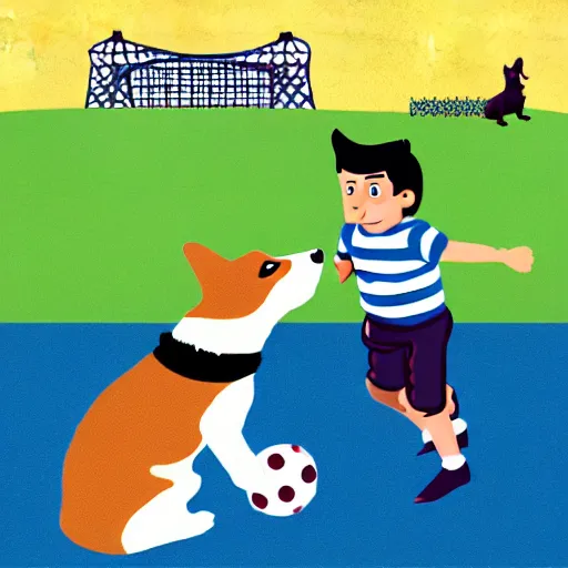 Image similar to illustration of french boy in paris playing football against a corgi, the corgi is wearing a polka dot scarf